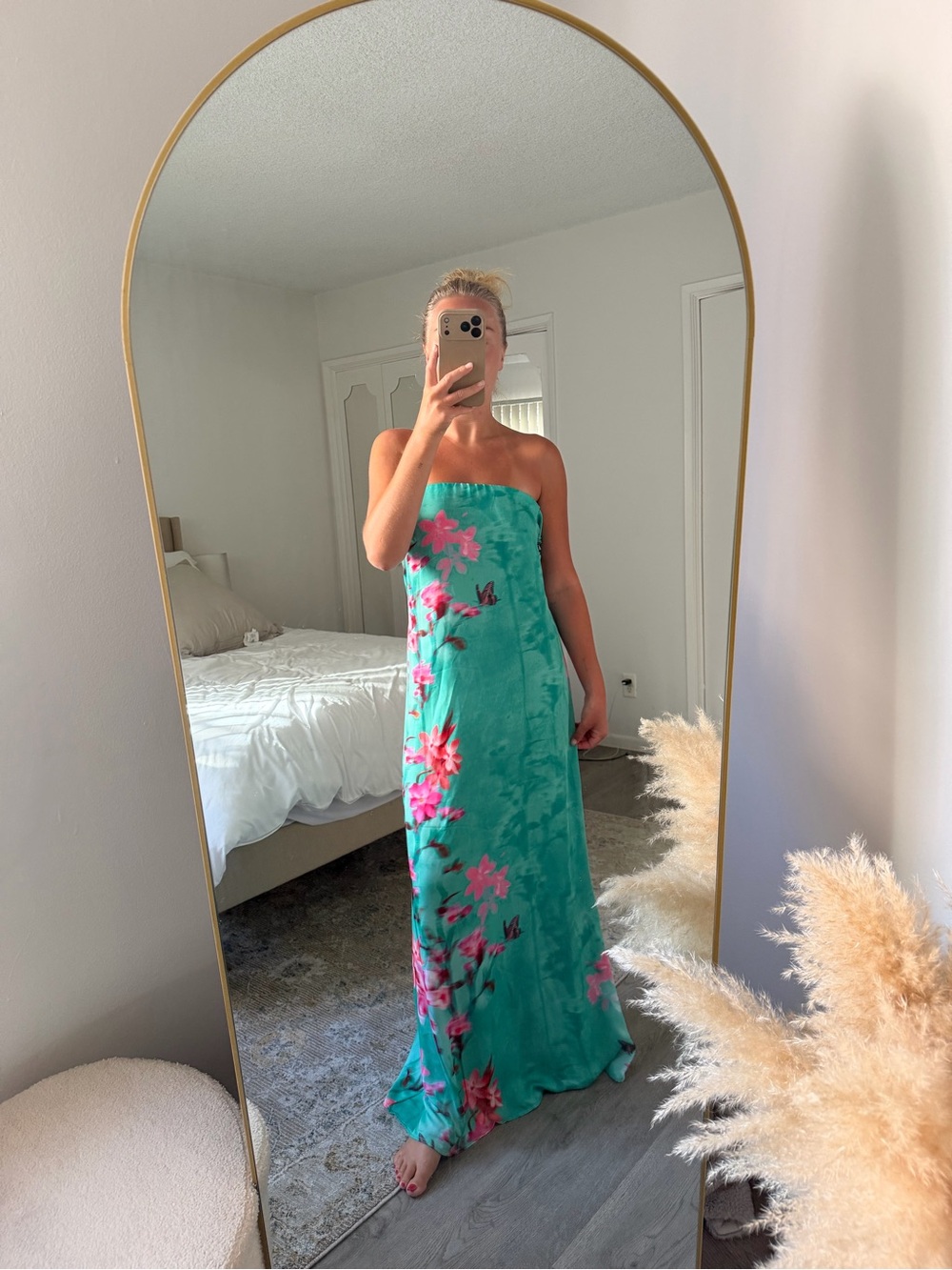 RESA Teal Strapless Maxi Dress with Pink Floral Print